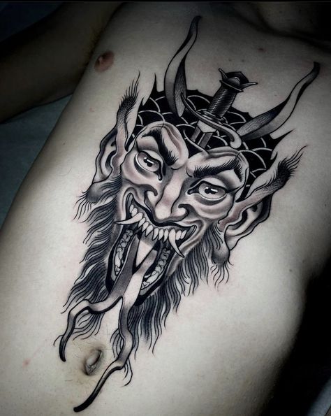 Demon Knee Tattoo, Demon Head Tattoo, Satanic Tattoo, Lower Belly Tattoo, Satanic Tattoos, Belly Tattoo, Devil Tattoo, Tattoo Reference, Head Tattoo