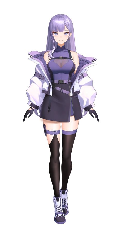 Purple Haired Character Design, Cyberpunk Purple Outfit, Purple Clothes Drawing, Purple Hair Character, Vtuber Hair, Bnha Oc Hero Costume Ideas, Girl Assassin, Httyd Oc, Live2d Model