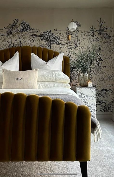 Dark Eclectic, Moody Romantic Bedroom, Olive Bedroom, Moody Bedroom Decor, Ink Wallpaper, Cozy Bedroom Ideas, Fabric Bed Frame, Moody Bedroom, Eclectic Bedroom