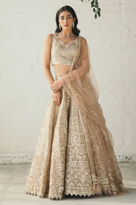 Beige Lehenga, Studio Iris, Floral Anarkali, Fashion Designer Studio, Organza Embroidery, Pink Lehenga, Embroidered Lehenga, Embroidered Wedding, Wedding Lehenga