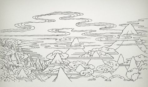 Mid Century Modern Painting, Buddhist Art Drawing, Polynesian Tattoos, Tattoo Reference, Mountain Drawing, Geometric Tattoos, Japanese Drawings, Tibetan Art, Cloud Art