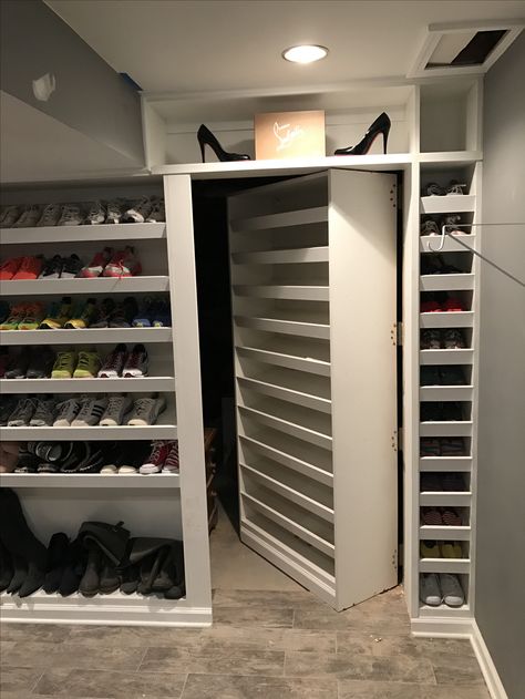 Hidden Door in custom shoe closet Hidden Door In Closet Wardrobes, Hidden Room In Closet Walk In, Shoe Rack Hidden Door, Hidden Door To Closet, Hidden Walk In Closet Secret Doors, Hidden Safe Room In Closet, Closet With Hidden Door, Hidden Walk In Wardrobe, Hiding Closet Doors