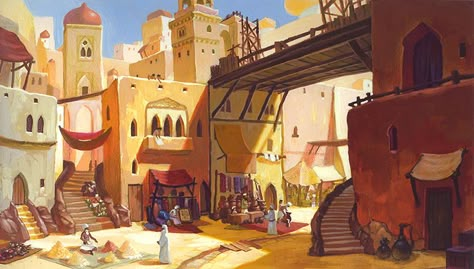 So if you couldn't guess, I've been working on backgrounds for Aladdin (in fact, the Arlington Children's Theatre production of Aladdin Jr!)... Arabian Marketplace, Arabian Background, Desert Market, Arabian Market, Aladdin Jr, Casa Anime, Fantasy City, Food Table, Fantasy Setting