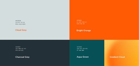 Twopeaks: Branding & Webdesign on Behance Brand Colour Palette Visual Identity, Business Color Palette Brand Design, Force Shield, Cloud Architecture, Orange Web, Black Branding, Brand Identity Colors, Paint Board, Green Branding