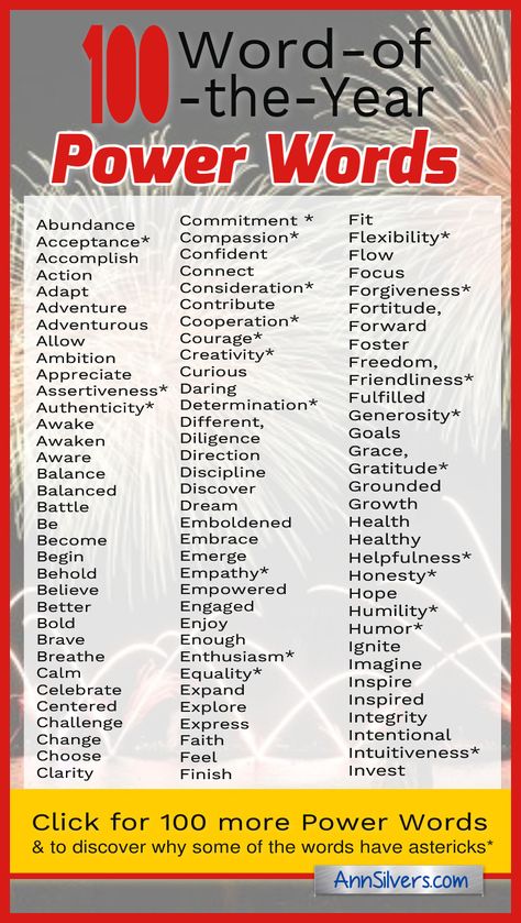 Some people like to pick a Word-of-the-Year as their form of New Year's resolution. It sets an intention for your year. Here's a list to help you get started thinking about your word(s) for 2021. For more on how to use these words: https://annsilvers.com/blogs/news/200-word-of-the-year-power-words-for-your-new-year-goals Power Words, Year Goals, Word Of The Year, New Year Resolutions, Essay Writing Skills, Empowering Words, Interesting English Words, Good Vocabulary Words, Good Vocabulary