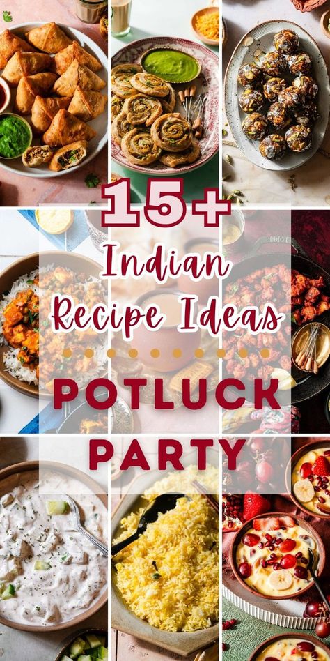 Whether you're a young budding family attending a potluck, bringing a piece of your culture to a work potluck, or hosting a potluck-style weekend luncheon or dinner with friends there's something for you. Here are my best recipes for an Indian Food Potluck Party that's also appropriate for work and vegetarians! Indian Potluck Recipes, Indian Appetizers For Party Vegetarian, Indian Potluck Ideas, Indian Party Food Ideas, Indian Appetizers For Party, Vegetarian Recipes Appetizers, Potluck Ideas For Work, Indian Food Party, Indian Food Items