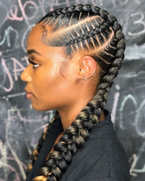 Braided Ponytail Hairstyles For Black Women Protective Styles, 2 Feed In Braids With Curls, Feed In Braids With Curls, 4 Feed In Braids Hairstyles, Cornrows Women, 2 Feedin Braids, Kepang Dua, Quick Styles, African American Braided Hairstyles