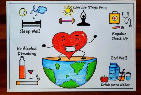 Video Tutorial uploaded on Amrita's_Artwork_333. Subscribe for more creative Drawings and School Projects.Health Day Drawing | World Health Day Poster Easy for kids | Stay Healthy Stay Safe Poster idea My Health My Right Poster Drawing, Posters About Health, World Heart Day Poster Design Creative, Global Well Being Poster, World Heart Day Poster Design Idea, Good Health And Well Being Drawing, Health And Hygiene Drawing, Health Related Posters, World Heart Day Poster Design