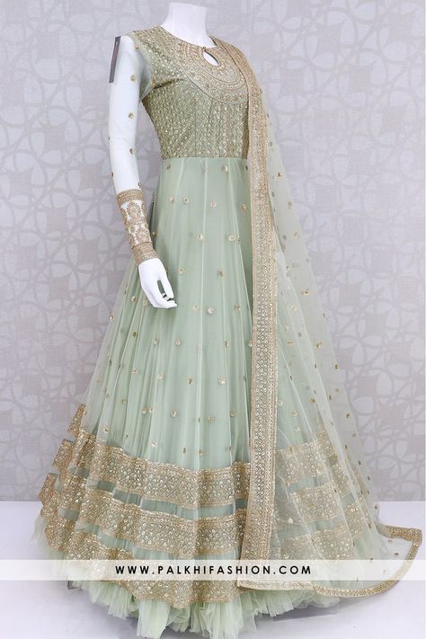 Gown Anarkali, Green Kaftan, Net Gown, Long Suit, Net Gowns, Old Dress, Open Dress, Pista Green, Gown For Women