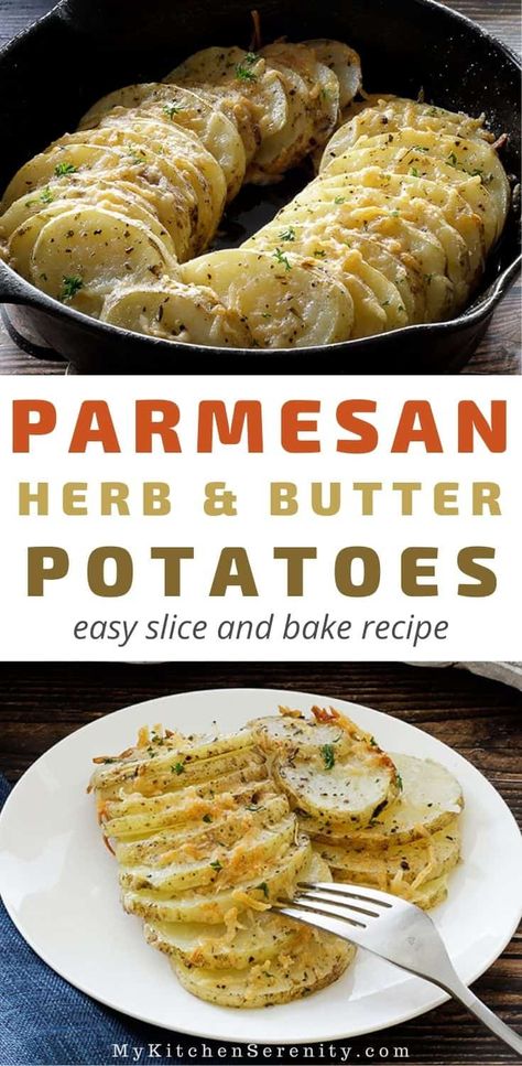 Baked Potato Casserole Recipes, Potato Dishes Easy Casserole Recipes, Side Dish Potato Recipes, Sliced Garlic Potatoes, Parmesan Butter Potatoes, Potatoe Slices Baked, Oven Baked Sliced Potato With Cheese, Sliced Potato Side Dishes, Large Potato Recipe