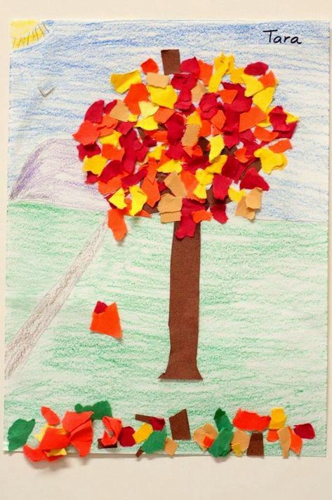 Torn Construction Paper Art, Fall Torn Paper Art, Torn Paper Fall Tree, Fall Tree Art Preschool, Fall Trees Art Projects For Kids, Fall Art Projects Kindergarten, Tree Art Kindergarten, Fall Tree Art Projects For Kids, Fall Art Kindergarten