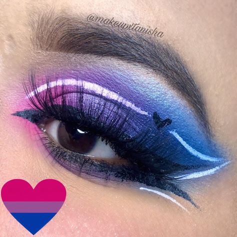 Pride Makeup Ideas Bisexual, Bi Eye Makeup, Bisexual Eye Makeup, Lgbtq Makeup Ideas, Bisexual Flag Nails, Bi Eyeshadow, Nonbinary Flag Makeup, Bisexual Hair Color, Bisexual Flag Makeup