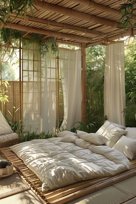 Outdoor Bedroom Ideas - Remodr Indoor Outdoor Bedroom, Outdoor Bedroom Ideas, Forest House Interior, Backyard Forest, Forest Room Decor, Agent 00, Camp Aesthetic, Bamboo Home, Forest Room