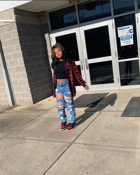 Cute Jordan 1 Outfits, How To Wear Air Jordan 1 Fashion Styles, Simple Jordan 1 Outfits, Flannel And Jordans Outfit, Outfits With Red Jordans 1s, Outfits With Red And Black Jordans 1s, Jordan Bred 11 Outfit Women, Patent Bred 1s Outfit Girl, Jordan 1 Red Outfit Women