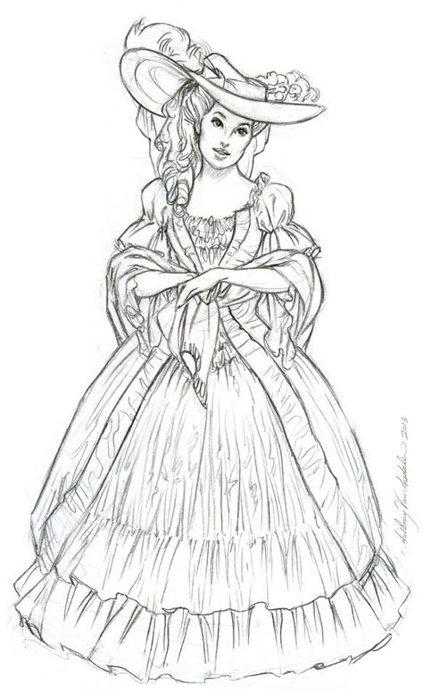 XIX century Lady Historical Dress Sketch, Victorian Art Drawings, Victorian Sketches, Contemporary Sketch, George C Scott, Historical Drawings, Dress Sketch, Fashion Coloring Book, Historical Dress