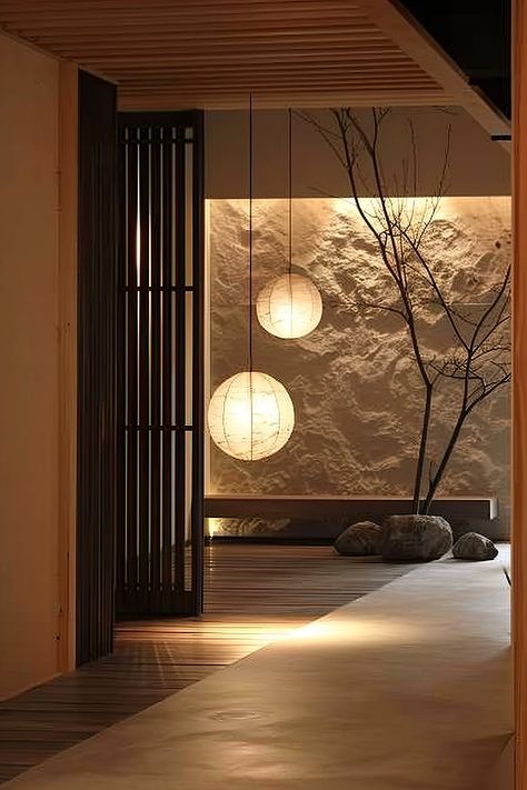 Discover Japandi Light Fixtures that combine function with style. Learn how to choose lighting that fits the minimalist yet cozy Japandi aesthetic, enhancing both the usability and beauty of your rooms. 🌿💡 Zen Minimalist Interior Design, Japandi Interiors Black, Japandi Style Lighting, Industrial Japandi Interior Design, Japandi Spa, Japandi Hotel, Japandi Light Fixtures, New Chinese Style Interior, Contemporary Japanese Interior