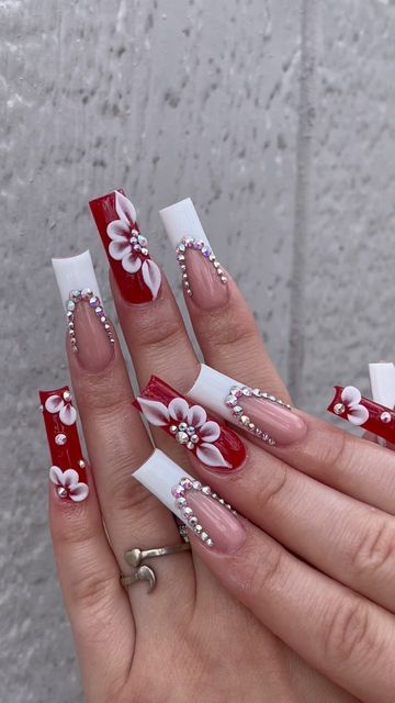 White N Red Nails, Birthday Nails Red And White, Red And White Acrylics, Red And White Nails Ideas, White And Red Nails Ideas, Red And White Nails Acrylic, Red Blue Nails, Red And White Nail Designs, White And Red Nails