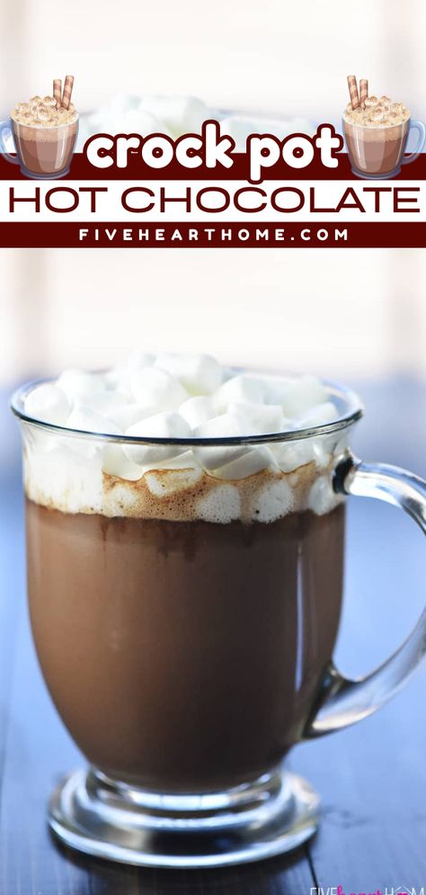 An easy holiday drink in the slow cooker! It's a crockpot hot chocolate for a crowd. Rich, creamy, and decadent, this homemade hot cocoa hits the spot. Plus, you can enjoy this cozy winter beverage in 4 flavors! Slow Cooker Hot Chocolate Recipe, Crock Pot Hot Chocolate Recipe, Slow Cooker Hot Chocolate, Hot Chocolate Ingredients, Crock Pot Hot Chocolate, Crockpot Hot Chocolate, Homemade Hot Cocoa, Creamy Recipes, Homemade Caramel Sauce