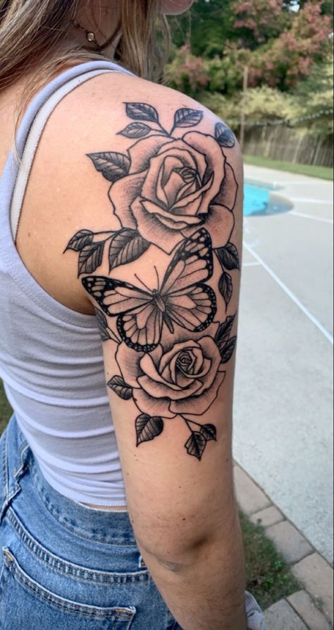 Roses and butterfly Women Butterfly Tattoos, Rosen Tattoo Frau, Tattoos On Arm, Rose And Butterfly Tattoo, Butterfly Tattoos On Arm, Girl Shoulder Tattoos, Arm Sleeve Tattoos For Women, Rose Tattoos For Women, Hand Tattoos For Girls