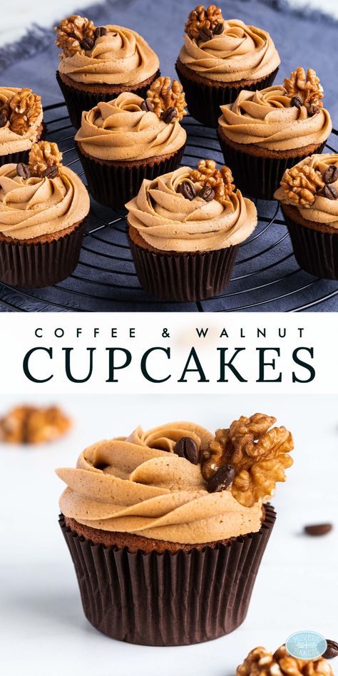 Coffee and walnut cupcake with a scattering of coffee beans and walnuts around it. Coffee Cupcakes Decoration, Coffee Cupcake Recipes, Muffin Flavours, Cardamom Cupcakes, Coffee And Walnut Cupcakes, Light Cupcakes, Walnut Cupcakes, Gourmet Cupcake Recipes, Fluffy Coffee