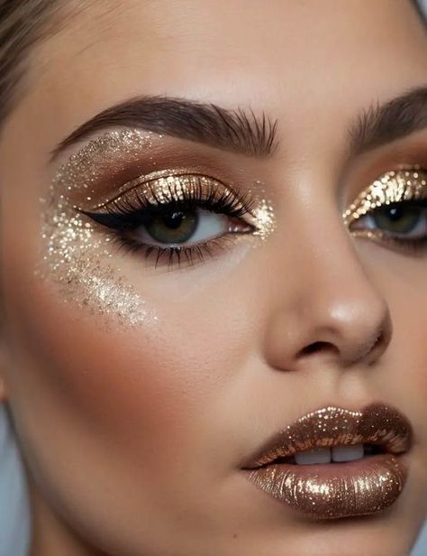 #Makeup                                                                              #glitery makeup Gold Makeup Festival, Goddess Makeup Halloween, Festivals Makeup, Ibiza Makeup, Goddess Costume Makeup, Gold Goddess Makeup, Greek Goddess Makeup, Makeup Fantasi, Disco Makeup