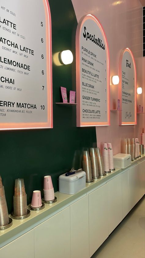 Matcha Cafe Interior Design, Green And Pink Coffee Shop, Matcha Cafe Interior, Matcha Cafe Aesthetic, Juice Bar Aesthetic, Boba Shop Design, Pastel Coffee Shop, Cafeterias Aesthetic, Boba Shop Aesthetic