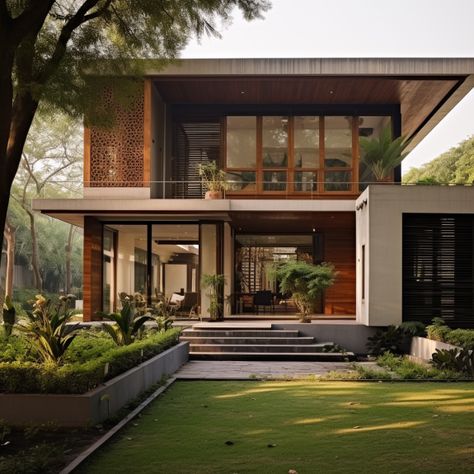 The exterior front of a modern indian house is in the outskirts of the city in the style of layered textures and pattern with trees in yard🌳 ... ... ... #Indian #IndianStyle #NatureInspired #ModernHome #ModernStyle #DreamHouse #TimlessBeauty #Elegance #InstaGood #Content #Tree #NatureInterior #HomeDecor #InspiredArchitecture Tropical House Exterior, Modern Tropical House, Asian House, Tropical House Design, Contemporary House Exterior, House Arch Design, Modern Exterior House Designs, Model House Plan, Tropical House