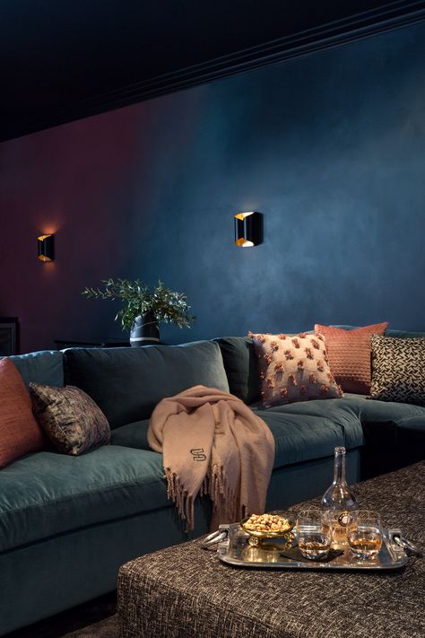 These Basement Paint Colors Will Make Your Walls Feel Both Timeless and Fresh | Hunker Media Room Paint Colors, Sala Cinema, Basement Paint, Basement Movie Room, Basement Colors, Basement Paint Colors, Contemporary Basement, Basement Painting, Blue Sectional