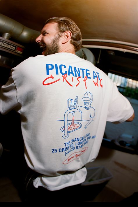 PICANTE x Crisp W6 Pizza Collaboration | Hypebeast Pizza Uniform, Pizza Restaurant Design, Restaurant Merchandise, Restaurant Merch, Pizza Tee, Michael Jordan Pictures, Pizza Branding, Graphic Shirt Design, Pizza Tshirt