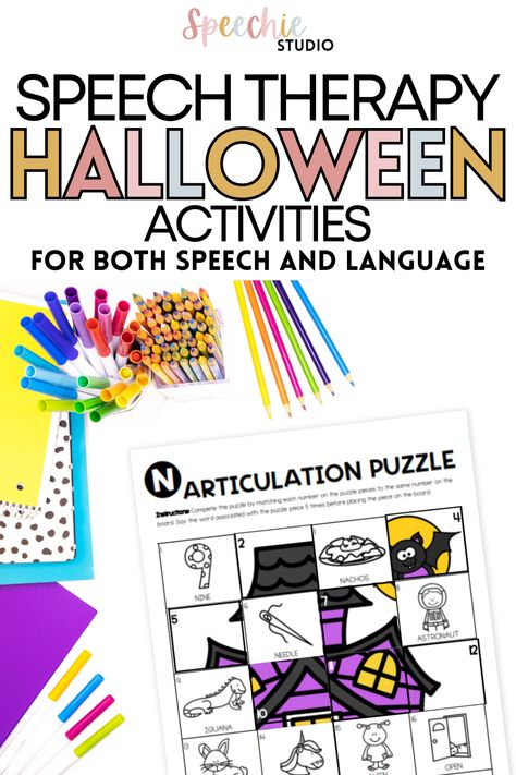 Check out these ideas on what you can do for Halloween in your speech therapy sessions during the month of October. These activities include puzzles, dot activities, articulation materials, language materials, and more! Great for your elementary school caseload, these low prep activities will be ones you continue to do each year! Halloween Speech Therapy Activities Free, Halloween Articulation Activities, Activities For October, Fall Speech Therapy, Halloween Speech Therapy Activities, Halloween Speech Therapy, Dot Activities, Carnival Activities, Fall Carnival