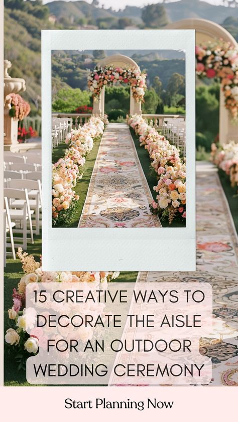 Stunning outdoor wedding ceremony aisle decorated with beautiful floral arrangements and unique aisle runners. Walkway Wedding Decor Pathways, Wedding Isles Decoration Outdoors, Wedding Runners Aisle, Boho Wedding Aisle Runner, Wedding Aisle Flowers On Ground Diy, Wedding Walkway Ideas Outdoors, Rug Runner Wedding Aisle, Summer Wedding Aisle Decor, Wedding Arrangements Ceremony