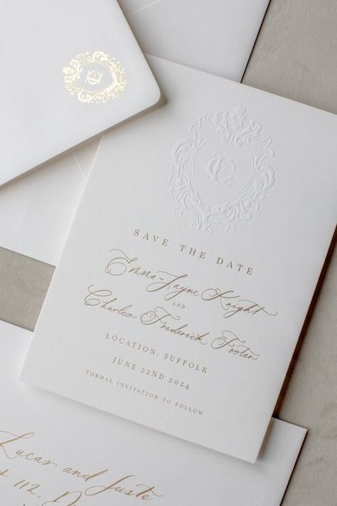 Embossed crest wedding stationery Gold Envelope Wedding Invitation, Old Money Wedding Invitations, Classic Save The Date, Pearl Wedding Invitations, Letterpress Wedding Stationery, Wedding Stationary Design, Royal Wedding Invitation, Letterpress Save The Dates, Disco Wedding