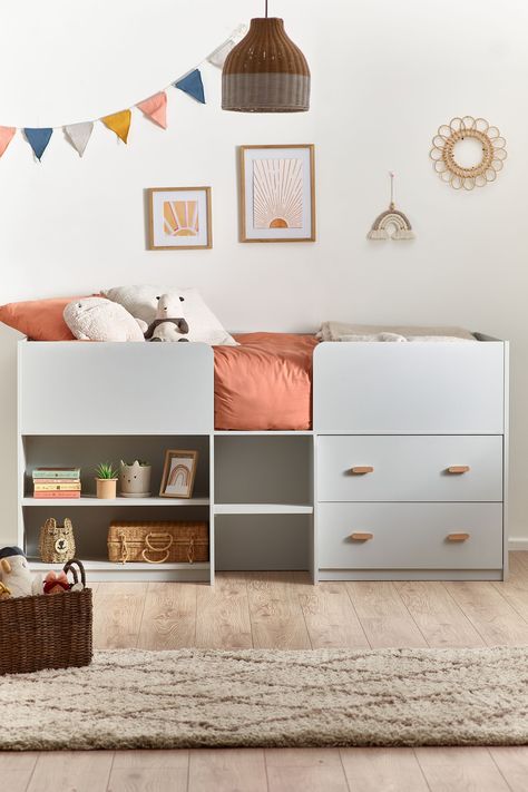 Kids Cabin Bed, Neutral Childrens Bedroom, Storage Around Bed, Kids Bedroom Paint Ideas, Small Kids Room Ideas, Ikea Childrens Bedroom, Cabin Bed Frame, Kids Bedroom Storage Ideas, Kids Bed With Storage