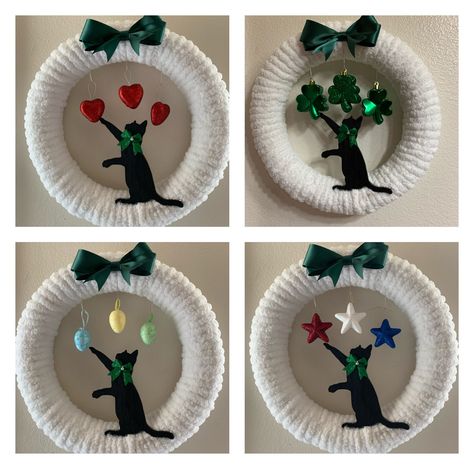 Cat Silhouette Wreath, Diy Cat Wreath, Cat Wreaths, Cat Christmas Wreath, Homemade Christmas Wreaths, Cat Wreath, Valentine Wreath Diy, Diy Hello Kitty, Easy Wreaths