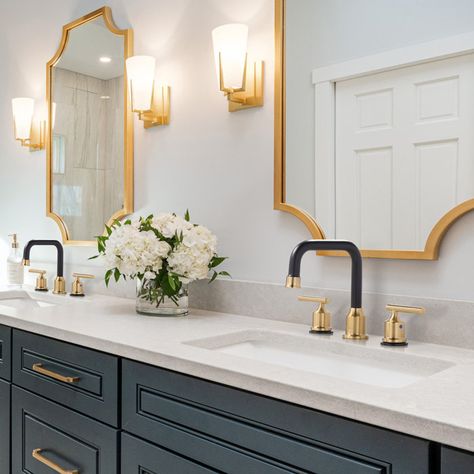 WOWOW Widespread Bathroom Faucet with Drain Assembly | Wayfair Bathroom Vanity Gold Hardware Black Faucet, Bathrooms With Black And Gold Accents, Good Bathroom Fixtures, Black And Brass Bathroom Hardware, Black And Gold Faucet Bathroom, Matte Gold Bathroom Fixtures, Black Faucet Gold Hardware, Black And Gold Hardware Bathroom, Black And Gold Bathroom Fixtures