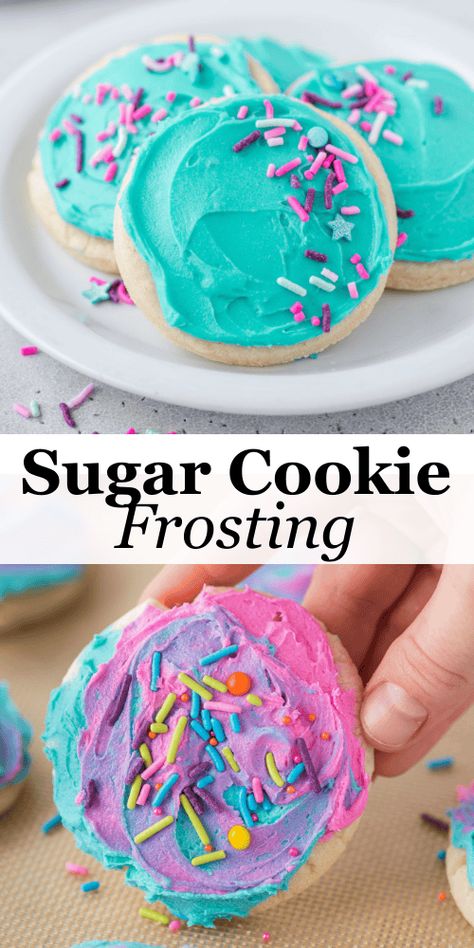 This is the sugar cookie frosting recipe you've been searching for! Made in just 5 minutes with 6 base ingredients and whatever color gel food coloring you want, this recipe is perfect for everything from simple cookies to intricate designs. Butter Icing For Sugar Cookies, Soft Sugar Cookie Icing Recipe, Cut Out Cookies Frosting, Butter Cream Frosting For Sugar Cookies, Homemade Frosting For Sugar Cookies, Royal Cookie Icing, Homemade Sugar Cookie Frosting, Buttercream Cookie Icing, Frosting Recipes For Sugar Cookies