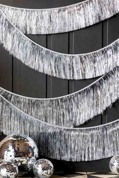 Set Of 2 Silver Tinsel Christmas Garlands | Rockett St George Staircase Garland, Festive Fireplace, Fireplace Garland, Tinsel Christmas, Christmas Garlands, Silver Tinsel, Tinsel Garland, Sequin Dresses, Disco Balls