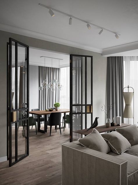 transparent door between the dining and living room Living Room And Dining Room Divider, Partition Between Living And Dining, Modern Partition Walls, Wall Partition, Living Room Divider, Hall And Living Room, Room Divider Walls, Living Room Door, Dining Room Combo