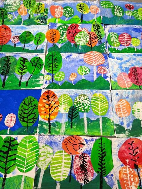 My first grade artists finished off these fall landscape collages inspired by the artist Eloise Renouf...and the artists (along with this art teacher) couldn't be more proud. In this lesson, we learn Landscape Art Lessons, September Art, Fall Tree Painting, Cassie Stephens, First Grade Art, Kindergarten Art Lessons, Fall Arts And Crafts, Fall Art Projects, Classroom Art Projects