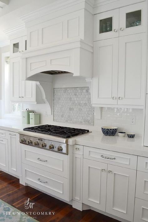 Marble Hex Cooktop Backspalsh with Marble Border, Transitional, Kitchen Hood Backsplash, Acme Brick, Backsplash Kitchen White Cabinets, Kitchen With White Cabinets, Kitchen Remodel Countertops, White Kitchen Backsplash, Kitchen Hood, Kitchen Countertop Materials, Ceiling Ideas