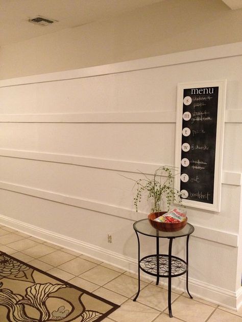 Horizontal Board & Batten Horizontal Board And Batten Wall Bathroom, Horizontal Wood Trim Wall, Board And Batten Horizontal, Board And Batten Wall Horizontal, 1x2 Accent Wall Horizontal, Horizontal Boards On Wall, Horizontal Wainscoting Ideas, Horizontal Molding On Walls, Horizontal Batten Wall