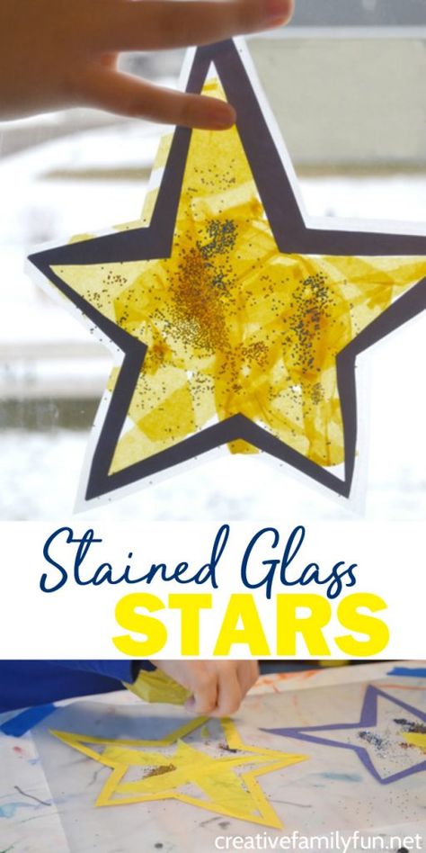 Make a Stained Glass Star Suncatcher or many of them to decorate your windows when you make this fun Christmas craft for kids. Prek Star Craft, Church Kids Christmas Crafts, Star Activities For Preschoolers, Star Projects For Preschool, Celephane Window Craft, Popsicle Stick Suncatcher, Christmas Star Activities For Kids, Tissue Paper Stars, Christmas Sun Catchers For Kids