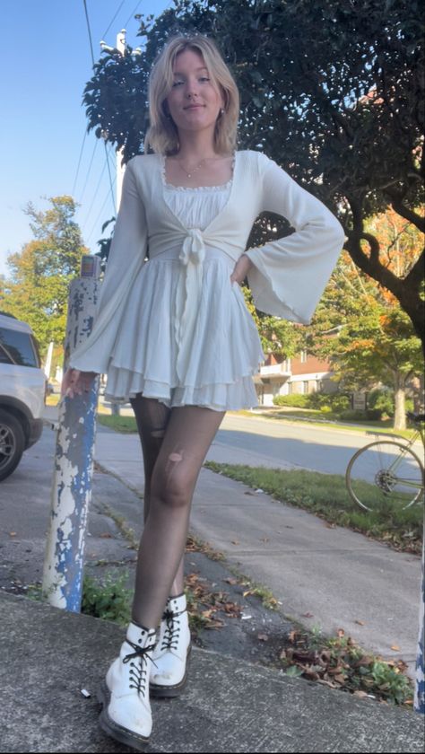 Punk White Dress, White Docs Aesthetic, White Doc Martens With Dress, Fairycore Babydoll Dress, White Skirt Tights Outfit, White Mini Dress With Tights, White Witchy Outfit, White Dress And Tights Outfit, White Dress And Black Tights