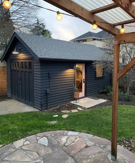 Detached Garage Makeover, Black On Black House, Benjamin Moore Graphite, Paint Fence, Freestanding Garage, Company Headquarters, Timber Garage, Backyard Guest Houses, Backyard Garage