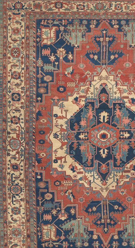 Persian Serapi Antique Rug with nested medallions and floral ivory border Antique Rug - Claremont Rug Company Iranian Rugs Pattern, Persian Carpet Pattern, Iranian Rug, Antique Rugs Persian Carpet, Iranian Rugs, Iranian Carpet, Antique Persian Carpet, Rugs Persian, Persian Rug Designs