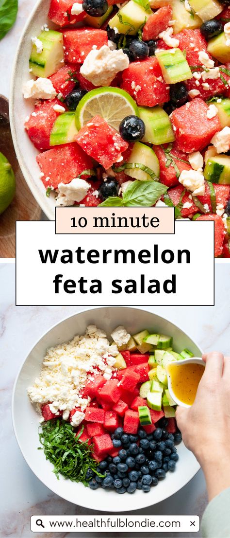 This refreshing, sweet watermelon basil salad is full of fresh ingredients like blueberries, sliced cucumber, and crumbled feta cheese. It's tossed in a simple lime dressing and makes for the perfect summer side dish! Cucumber Fruit Salad, Watermelon Basil Salad, Watermelon Basil, Sliced Cucumber, Basil Salad, Blueberry Salad, Feta Cheese Salad, Watermelon Feta Salad, Watermelon And Feta