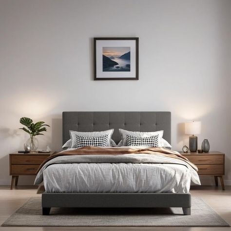 This beautiful Upholstered Platform Bed features tufted upholstered headboard that adds a contemporary chic look to your bedroom and filled in thick foam to add extra comfort.Sturdy wood frame construction and a wooden slat system to add extra stability… Dark Grey Fabric Headboard Bedroom Ideas, King Size Bed Bedroom Ideas, Styling Grey Bedframe, Gray Backboard Bed, Gray Wood Nightstand, Gray Fabric Bed Frame, Gray Bed Frame Ideas, Dark Grey Bed Headboard, Grey Bed Brown Furniture