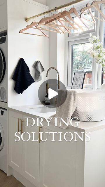 Paula Denham | Home Decor & Interiors |📍Essex, UK on Instagram: "2 of the 3 drying solutions in our utility room (the 3rd being the tumble dryer) 🧺 The wall hung clothes rack that went a bit viral last year will always be our laundry best buys. We chose them because they don’t protrude into the room too much which was necessary as you have to walk through this room to get to the downstairs loo. They can also be closed away easily. The second is the hanging rail. It basically works like a curtain rail so is held up by tension - no drilling required! Holds 50kg and great to hang clothes that I don’t want to iron 😏 I’ll link in my stories or you can find these in my Amazon storefront, link in bio 🔗 #utilityroom #laundryroom #laundrysolutions #laundryday #homerenovation #housereno #dryings Brass Hanging Rail Laundry, Utility Room Hanging Rail, Utility Clothes Drying, Drying Rod In Laundry Room, Utility Drying Ideas, Utility Hanging Rail, Laundry Room With Drying Rod, Hanging In Laundry Room, Radiator Drying Rack