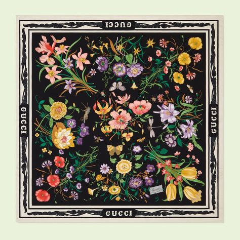 Shop the Flora print silk scarf in black at GUCCI.COM. Enjoy Free Shipping and Complimentary Gift Wrapping. Tactical Design, Print Scarf Design, Silk Scarf Design, Black Silk Scarf, Ss 2024, Hijab Designs, Fabric Print Design, Gucci Floral, Flora Print