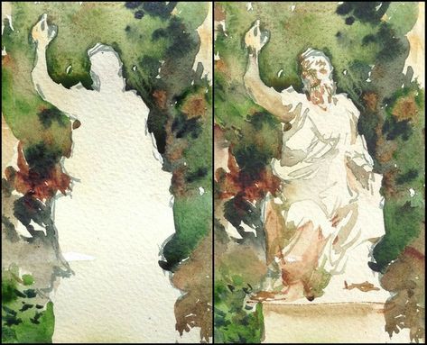 Marc Taro Holmes, Watercolor Steps, Watercolor Statue, Watercolor Figures, Watercolor Step By Step, Pile Of Rocks, Watercolor Study, Negative And Positive, Watercolor Architecture